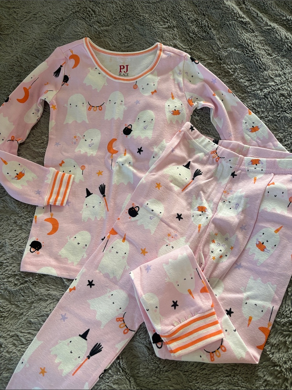 PJ Place Pink Ghost Print Kids Pajama Set with Orange Accents